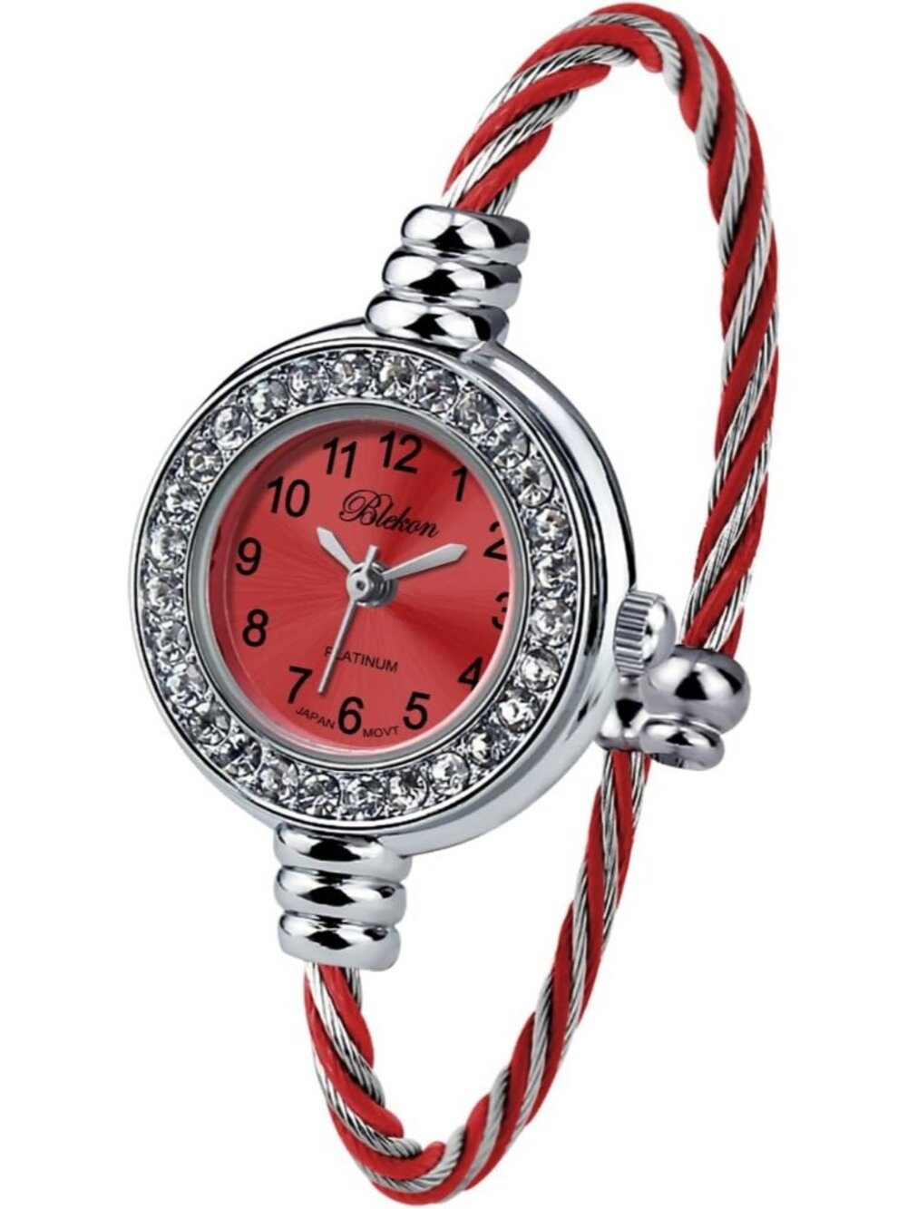 Women's Rhinestone Silver/Red Round Analog Display Arabic Number Bracelet Watch
